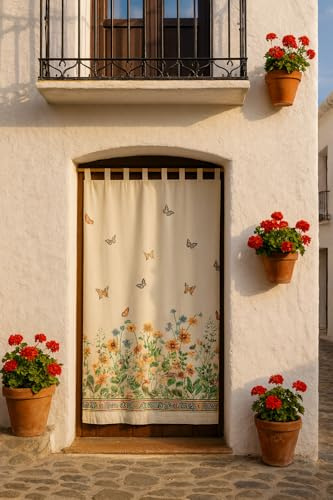 Milica Cortina Alpujarreña Jacquard Rústica 140x260 cm | Solo Cortina | Estilo Tradicional Español para Puerta y Ventana Exterior e Interior | Alta Resistencia y Fácil Instalación | Modelo Pradera
