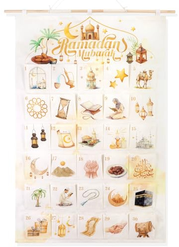 HOWAF Calendrier Ramadan Mubarak, Calendrier de l'Avent en Tissu à Suspendre avec 30 Pochettes 12x12cm pour DIY Decoration Ramadan 2026, Set E, Aquarelle