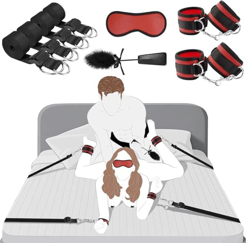 Sex Toys for Couples Bed Bondage Restraints Kit – Adjustable Under Mattress BDSM Set with Handcuffs, Ankle Cuffs,Blindfold, Feather Tickler, Adult Toys for Beginners & Fetish Games
