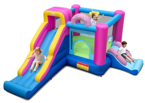GOPLUS Castillo Hinchable, Castillo para Niños con Tema de Donuts con Zona de Saltos, Toboganes, Pared de Escalada, Canasta de Baloncesto, Casa Hinchable para Interior y Exterior (sin Soplador)