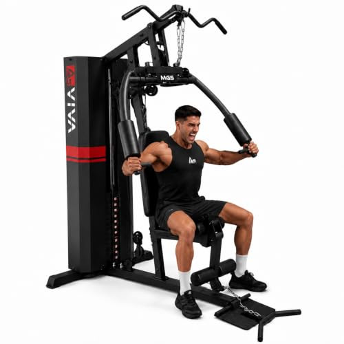 AsVIVA MG5 Pro Station de musculation avec bloc de poids 73 kg – Station de musculation multifonction Home Gym Station de traction à câbles, station de traction Butterfly, barre de traction, bras curl