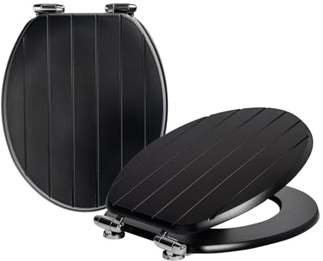 Harbour Housewares Soft Close Wooden Toilet Seat - Black - Pack of 2 | Oval-Shaped Antibacterial Loo Lid with Easy Install Universal Hinges, Fixings & Fittings for Bathroom Toilet Replacement