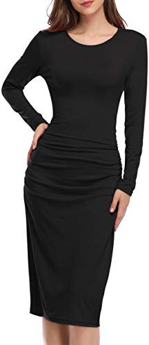 KOJOOIN Etuikleider Cocktail Bleistiftkleid Knielang Business Kleider Rundhals Kurzarm/Langarm Abendkleid, B-schwarz, L