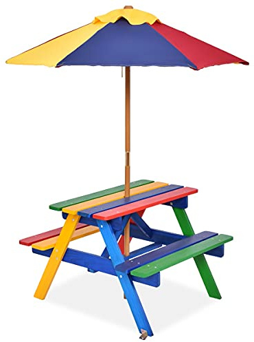 GYMAX Tavolino con Sedie per Bambini da Esterno in Legno di Abete, Set di Mobili da Giardino per Bambini con Ombrellone, Ideale per Giardino, Cortile e Terrazzo, Multicolore (Stile 1)