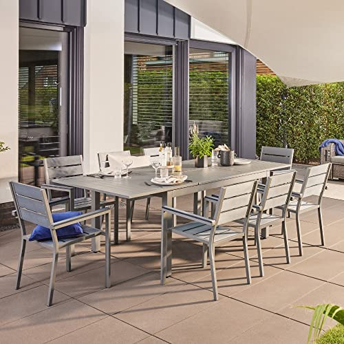 Home Deluxe - Gartentisch ausziehbar - CASA - ca. 160 (240) x 100 x 74 cm - inkl. 8 Stühlen, Gestell und Tischplatte Aluminium - inkl. Zubehör I Gartenmöbel Ausziehtisch Balkonset