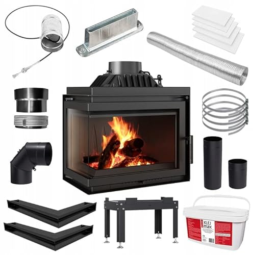 KRATKI Chimenea de leña Simple Insertable Entrada de Aire Compatible con BImSchV 2 8kW Eficiencia térmica 75% Salida de Escape fi 200 mm Vidrio Decorativo de Hierro Fundido Izquierdo