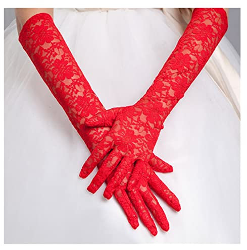 nihngvjm Sommer Sonnenschutzhandschuhe Weiß Rot Spitze Brauthandschuhe Vollfinger Lange Damen Günstige Hochzeitsaccessoires brauthandschuhe (Color : Red)