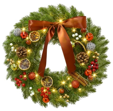 Globalink Christmas Wreaths for Front Door with Lights, 40cm/16in Battery Operated Christmas Door Wreath with 40 Led, 8 Mode and Timer Function Xmas Wreath Decorations For Window Fireplace Wall