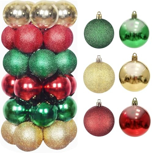 LATERN 30Pcs Christmas Baubles, 6CM Red Green Gold Christmas Ball Ornaments Shatterproof Xmas Hanging Balls Sets for Christma Tree Holidays Home Xmas Party Decoration (6 Styles)