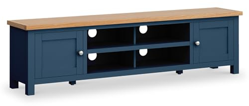 Farro Navy Blue TV Unit for Living Room | Roseland Furniture Fully Assembled 180cm Extra Large Painted Solid Wooden Television Table with Storage Cabinets & Oak Top | Suitable for 65 inch TV