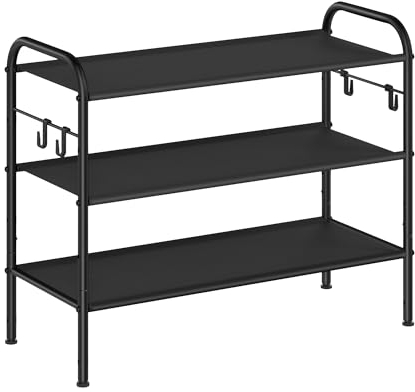 SONGMICS Schuhregal, Schuhständer mit 3 Ebenen, Regal aus Stoff, mit 4 seitlichen Haken, für 12 Paar Schuhe, höhenverstellbare Ablage, Eingang Flur Garderobe, einfache Montage, tintenschwarz