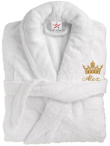 Stars and Stripes Personalised 100% Luxury Velour Cotton Crown White Luxury Bathrobe, Soft Spa & Hotel quality Unisex Robe for Couples With Your Custom Text Embroidery (White, S-M)