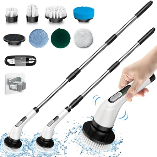 Elektrische Reinigungsbürste, Temodu 7-in-1 Electric Spin Scrubber, Duschreinigungsbürste mit Verstellbarem, 7 Austauschbaren Bohrbürstenköpfen für Badezimmer/Glas/Fliesen/Boden/Auto