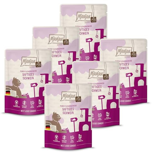 MjAMjAM - Premium nourriture humide pour chats - Quetschie - succulent porc PUR, paquet de 6 (6 x 300g), sans céréales avec extra riche en viande