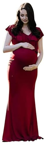 Runstarshow Mammaklänning fotografering baby shower klänningar för gravida kvinnor volang över axel bodycon maxiklänningar fotografi kläder enfärgad S-XL, Vinrött, M