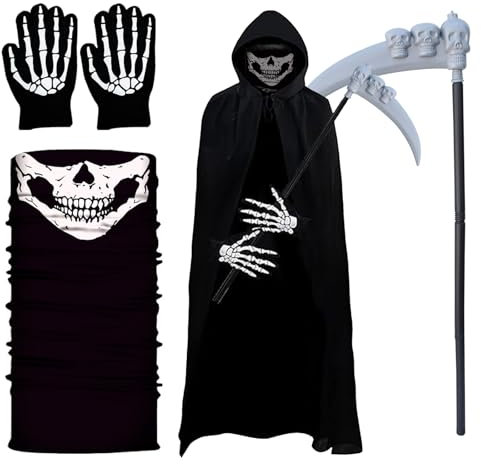 UZNIYTR Halloween Faucheuse, Halloween Déguisement Faucheuse avec Masque de Crâne, Gants, Faux, Costume d'halloween de Faucheuse pour Adulte, Halloween, Carnaval, Cosplay(120-150cm)