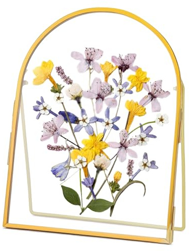 REDHUGO Double Glass Frame for Pressed Flowers Handmade, Metal Floating Picture Frame for Pressed Flower, Tabletop Display, Brass, Arch Shaped, Gold,6x8 inches (FRAME ONLY)