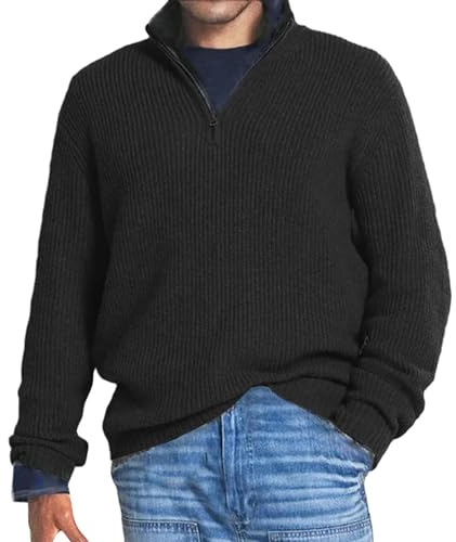 VaiKanhai Men's Business Knitted Jumper Men's Elegant Winter Knitted Sweater Cotton Warm Chunky Knit Casual Warm Sweater Long Sleeve with Zip Lapel Shirt Jacket Casual Sports, Black53, 3XL