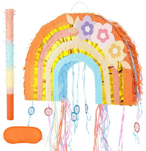 WERNNSAI Piñata arc-en-ciel – Piñata arc-en-ciel pliable avec glands bâtons de cordon de serrage Masque pour les yeux Bohème Remplissage Pinata pour anniversaire d'enfant, fête prénatale, décoration