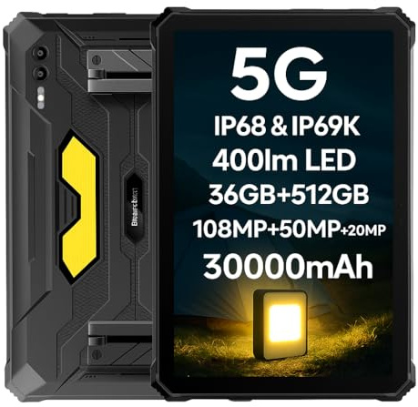Blackview Active 10 Pro 5G Outdoor Tablet, 30.000mAh Akku, 400lm Campinglicht, 11'' FHD+, Android 14 IP68 Robustes Tablet, 36GB+512GB (2TB Erweiterung), Dual-SIM 5G, 108MP+50MP+20MP, NFC GPS Schwarz