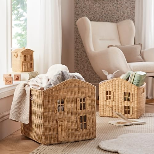 CuddleCo Country Cottage Storage Baskets - Natural Rattan Nursery Storage Set for Toys, Baby Essentials, and Organising - Stylish & Practical Home Organisation (Set of 3)
