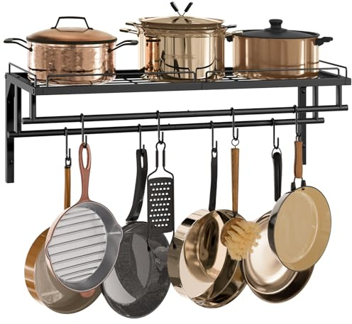 CHOEZON Kitchen Shelves Wall Mounted, Wall-Mounted Pot Pan Rack, Kitchen Cookware Organizer, Metal Pot Rack Holder, for Cookware, Utensils Organization, Black DTPR38BB