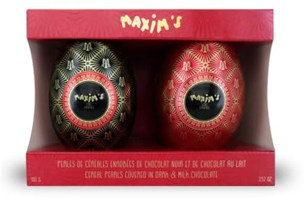 Maxim's | Cofanetto Regalo Uova Pasqua Metallo | Perle Cereali Ricoperte Cioccolato Fondente e Latte | Praline Assortite - 100 Gr