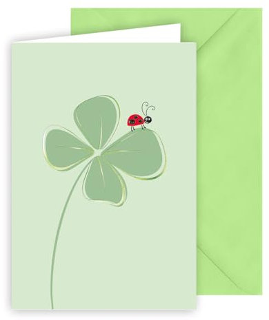 KE - Moderne und Edle Blanko Glückwunschkarte, DIN B6 Format 176x125mm, Textfreie Klappkarte inkl. Umschlag, Ideal für alle Anlässe, Motiv: Kleeblatt und Marienkäfer