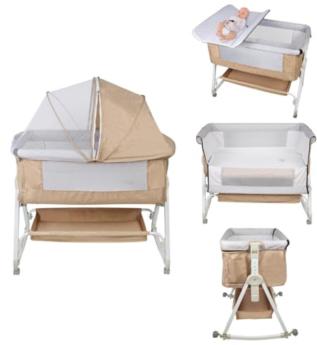 homewell 3 in 1 Beistellbett Baby mit Wickeltisch, Bett Bassinet/Babybett/Babywiege, Zustellbett 6 Fach Höhenverstellung und Neigungsverstellung, 90 * 50*(98-110) cm (Cremefarben)