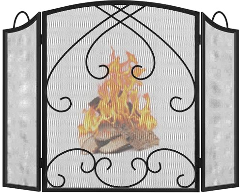 Mampara para chimenea de 3 paneles con asas, 48 de ancho x 29 de alto, moderna rejilla decorativa de hierro forjado, gran protección contra chispas para sala de estar, decoración exterior, color neg