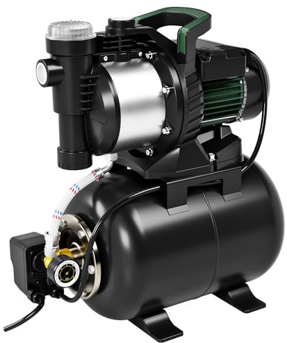 LANCHEZ Husvattenanläggning 5 000 l/h flödeshastighet, 1300 W-motor, 50 m matningshöjd, rostfritt stål, pump för husvattenförsörjning med 19 liters tank-tryckmätare med filter, vattenanslutning och
