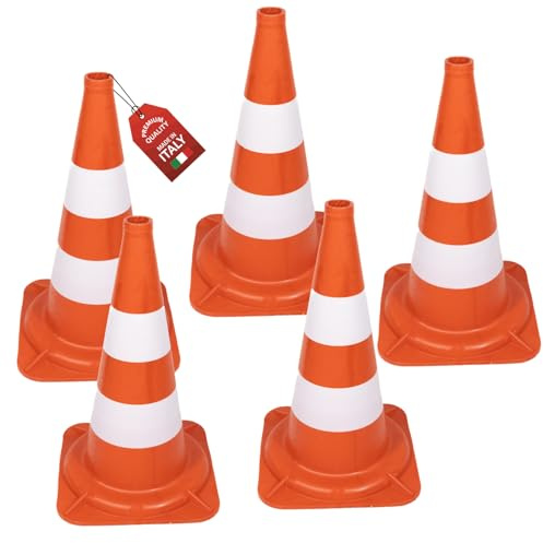 OWIJI Coni Stradali Segnaletici 50 Cm Riflettenti Set da 5 Spartitraffico Traffico Made In Italy Arancione e Bianco Plastica Resistente Delimitatori Cono Parcheggi Cantieri Sicurezza