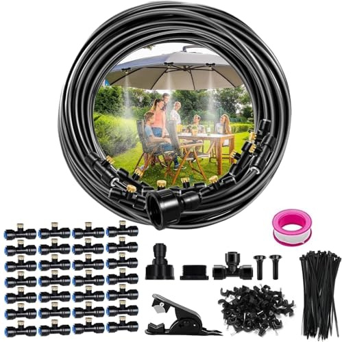 Brumizador Terraza Exterior, Kit de riego Sistema de nebulizador exterior 24M con 28 boquillas de niebla con junta en T, Kit de manguera nebulizador por niebla para jardín sombrillas