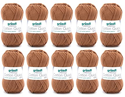 Gründl Laine Cotton Quick uni – laine fine pour crochet – fil à tricoter – fil à crocheter – brillante et douce pour la peau – 100% coton – 10 pelotes 50 g / 125 m – taille d’aiguille 3-4 –Caramell