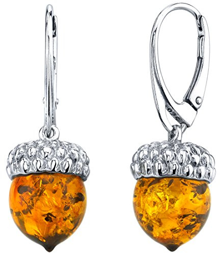 Peora Genuine Baltic Amber Acorn Drop Earrings for Women 925 Sterling Silver, Rich Cognac Color, Lever backs, Real Baltic Amber Earrings for Adults, 100% Natural from Baltic Region, w/Jewelry Box