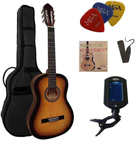 4/4 GITARRE - KONZERTGITARRE IM SET - CLASSIC - SUNBURST - LINDENHOLZ DECKE - TASCHE - BAND - SAITEN - 3xPLEKTRON - STIMMGERÄT ET33B - C25