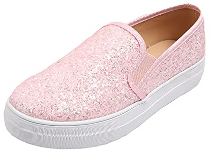 Feversole Women's Fashion Slip-On Trainer Casual Flat Loafers Skater Pumps Trainers Sneakers Shoes Baby Pink Glitter Size 6