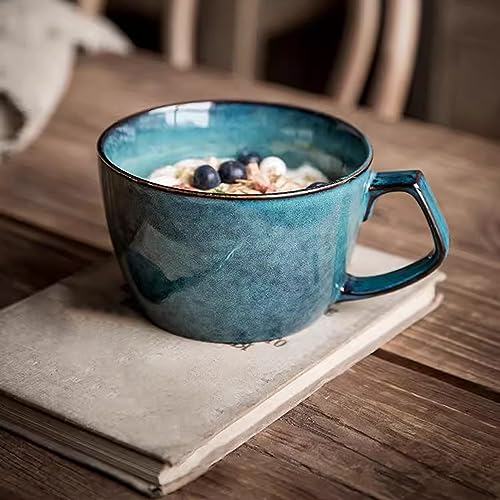 Cteahrow Tazón de sopa grande con asa, taza de café de 600 ml, taza de desayuno de cereales, apto para postres de leche, avena, apto para microondas (azul)