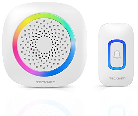 TECKNET Sonnette Sans Fil à Piles, Étanche IP66 Portée 400M RVB Batterie Amovible Sonnette Sans Fil Exterieur, 60 Mélodies et 5 Niveaux, Pour Maison, Hôtel, Bureaux, Urgence etc