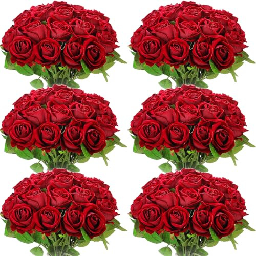 Jexine 50 Pcs Artificial Rose Flower Bulk Realistic Silk Fake Roses with Long Stem Plastic Artificial Flower Bouquet Real Looking for Home Wedding Centerpieces Party Decoration(Burgundy)