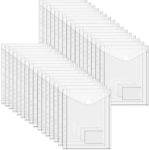 Donken Dokumententasche A4, 32 Stück Dokumentenmappe zum Abheften mit Druckknopf, Sichttasche A4 für unterlagen mit 11 Lochrand und Etikettentasche