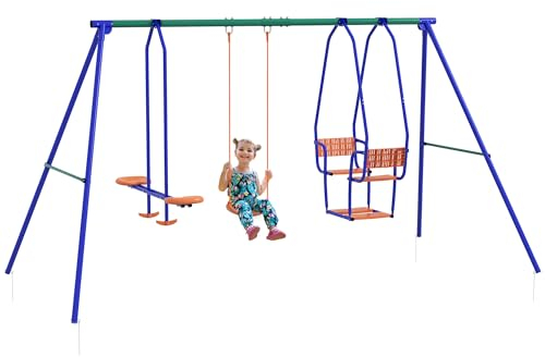 Outsunny Kid Swing Set, 3 in 1 Garden Metal Set for Outdoor with Single Swing, Glider, Rocking Chair Swing, for Toddlers 3+Years, Orange