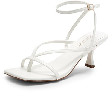 DREAM PAIRS Women's kitten Low Strappy Lace Up Heels Open Square Toe Thong Ankle Strap Heels Sexy Fashion Comfort Dress Shoes Party Sylvestra Pumps Heeled Sandals,Size 6.5,White-Pu,SDHS2405W
