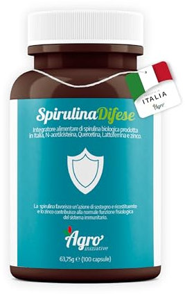 AGROINIZIATIVE Spirulina Difese 100 cps – Spirulina Bio 100% + NAC N-Acetil-Cisteina | Con Zinco, Lattoferrina, Ficocianina | Senza Glutine e Iodio | Alta Concentrazione