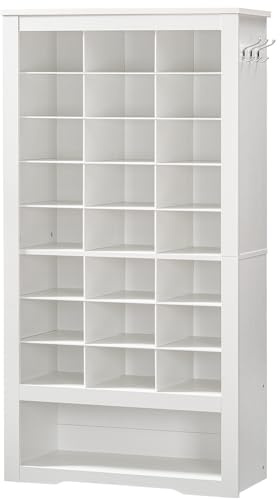 HOOBRO Meuble à Chaussures Haut, Étagère à Chaussures à 9 Niveaux, Étagère de Rangement sûr Pied en Bois, avec 24 Compartiments et 3 Crochets, pour Entrée, Dressing, Salon, Blanc EWT24SC01