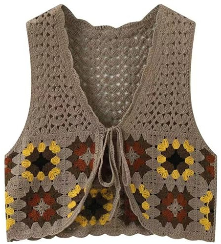 Chaleco de punto para mujeres, chaleco de punto para mujeres boho sin mangas sin mangas hueco de crochet chaleco casual v cuello de color caqui jaha delantero de cárdigan de verano de color caqui