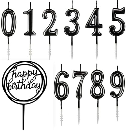 10 unidades Velas de cumpleaños, número 0-9 pastel velas + 1 carta feliz cumpleaños decoración pastel número velas digitales Negro Oro Plata(Negro-01)