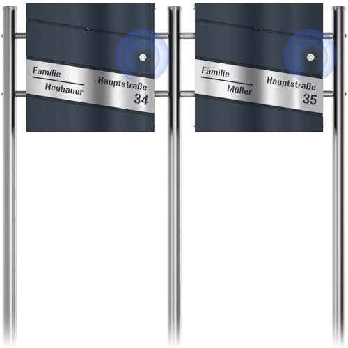 Graviers Design Cassetta postale doppia con campanello radio e supporto per cassetta postale - diagonale tagliata al laser personalizzata in acciaio inox - Antracite RAL 7016 Design 1