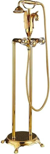 KEuLen Grifo De Pie para Bañera Exenta, Grifo de Ducha con caño Giratorio en Cascada de latón de Alto caudal con Mezclador de Ducha de Mano de Dos manijas(Gold)