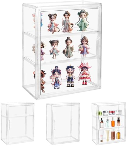FHMIDIC Display Case, 3-Layer Acrylic Display Case with Magnetic Door, Transparent Stackable Alternative Glass Display Case for Collectibles, Action Figures Toy, Mini Figures (36 x 27 x 13 cm)